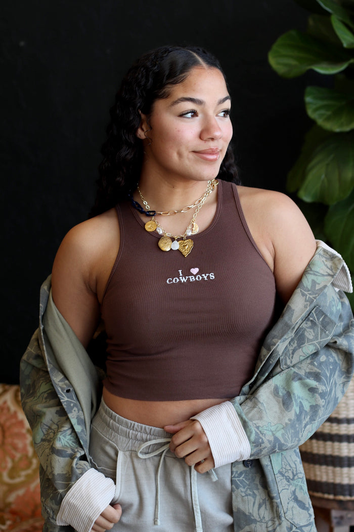 I Love Cowboys Brown Cropped Tank