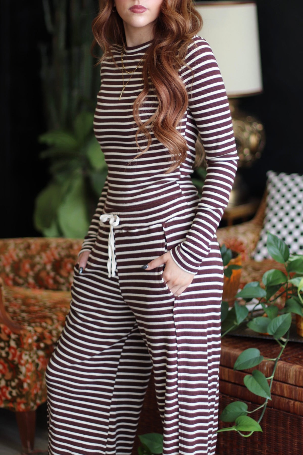 Brown Striped Ribbed Knit Long Sleeve Top & Pants Set