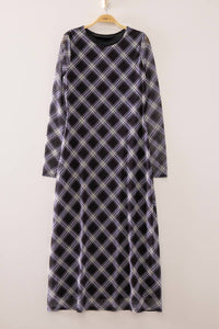 Trinity Navy Plaid Long Sleeve Maxi Dress