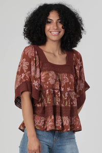 Lacey Floral Tiered Flowy Blouse in Brick