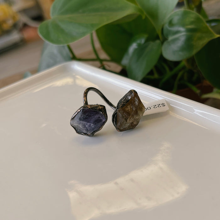 Natural Stone Fluorite Adjustable Ring: Amethyst Citrine