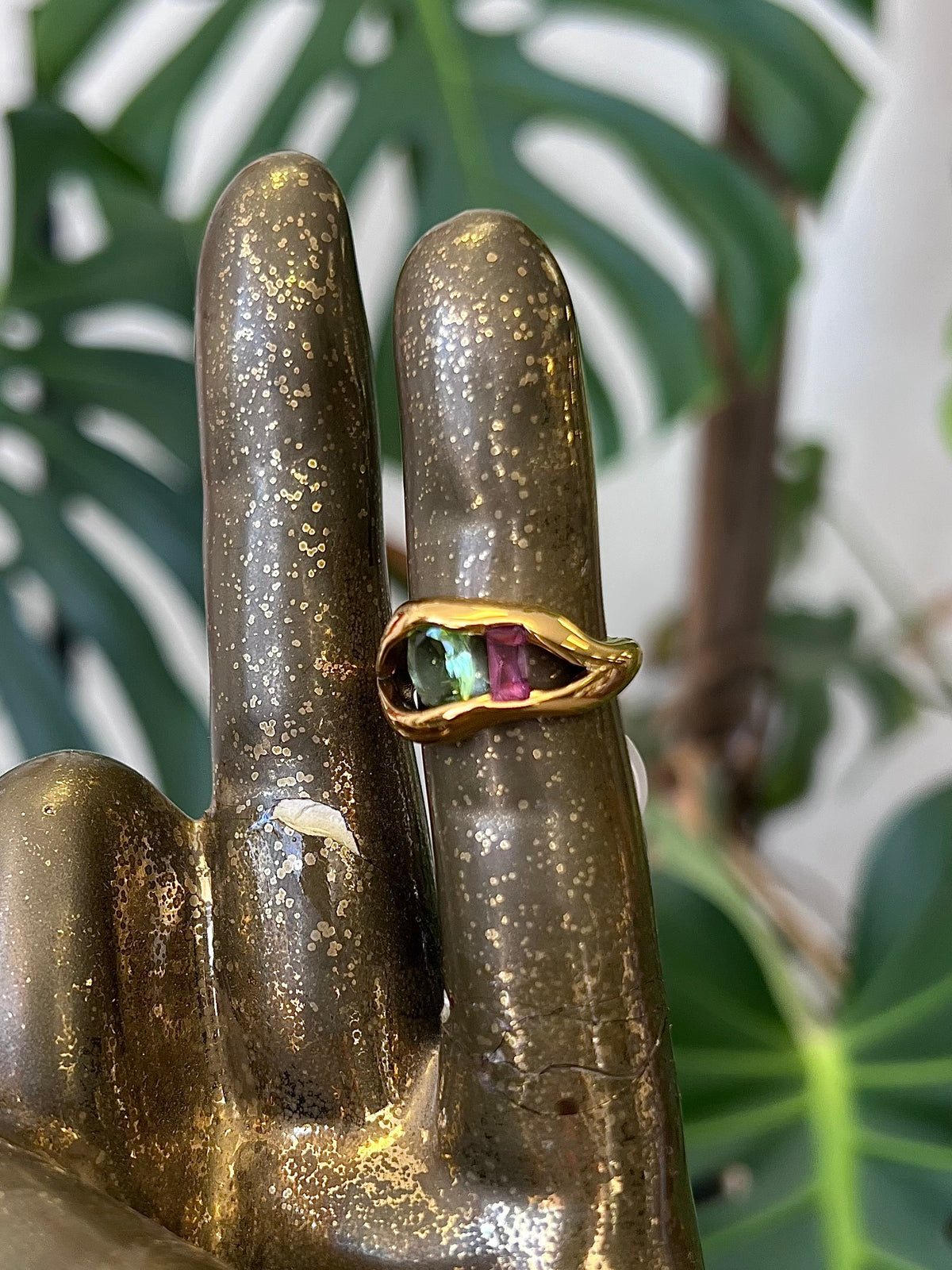 Pink & Green Stone Hollow 18K Gold Plated Ring