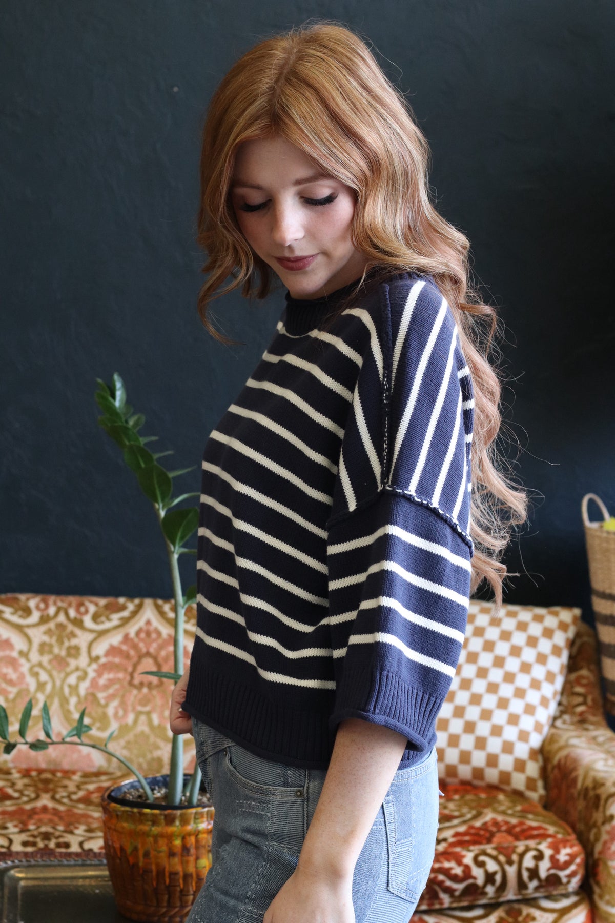 Navy Short Sleeve Striped Knit Top