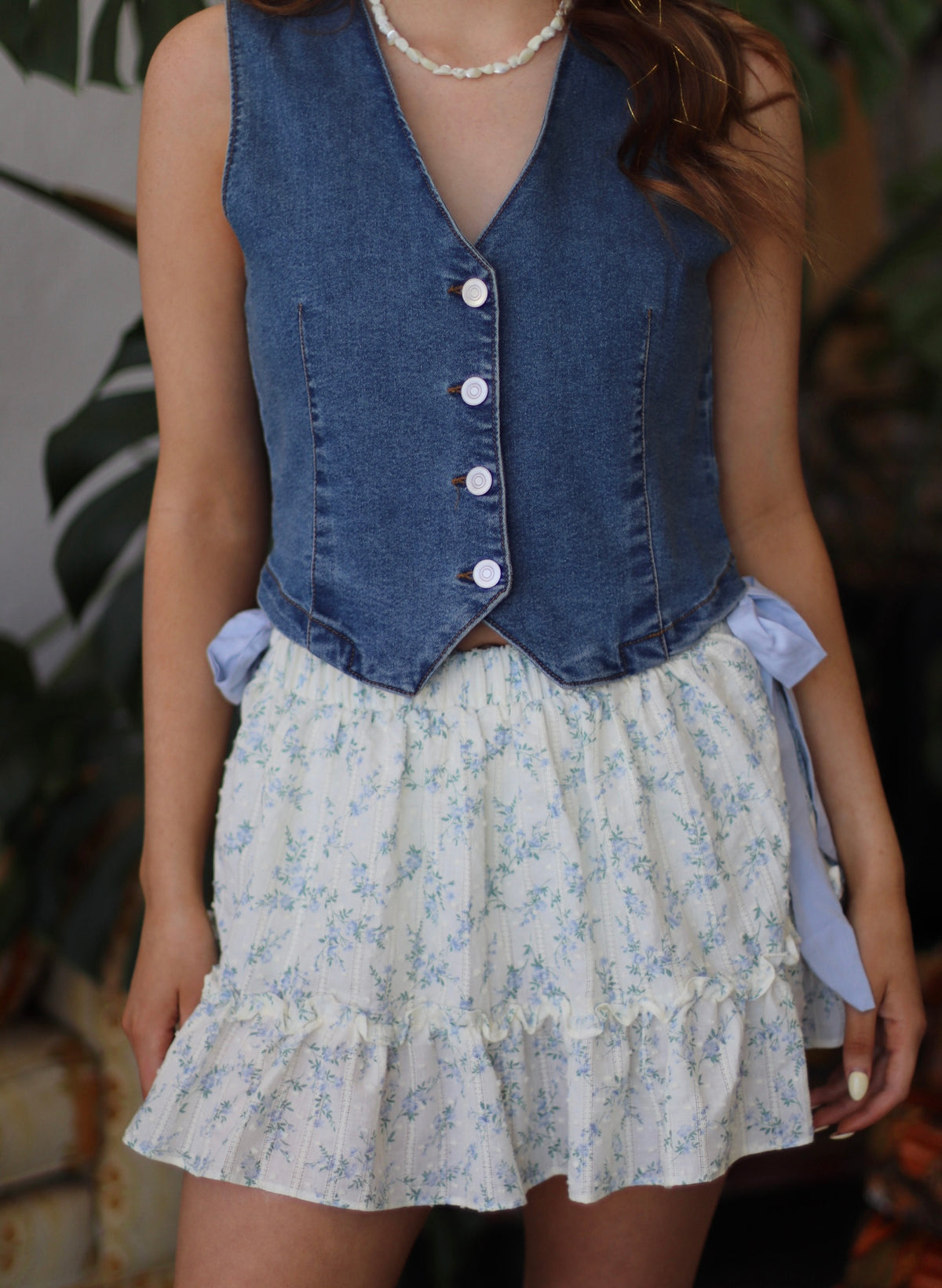 Floral Bow Mini Skirt w/ Shorts in Sky