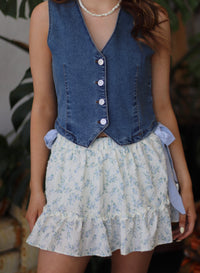 Floral Bow Mini Skirt w/ Shorts in Sky