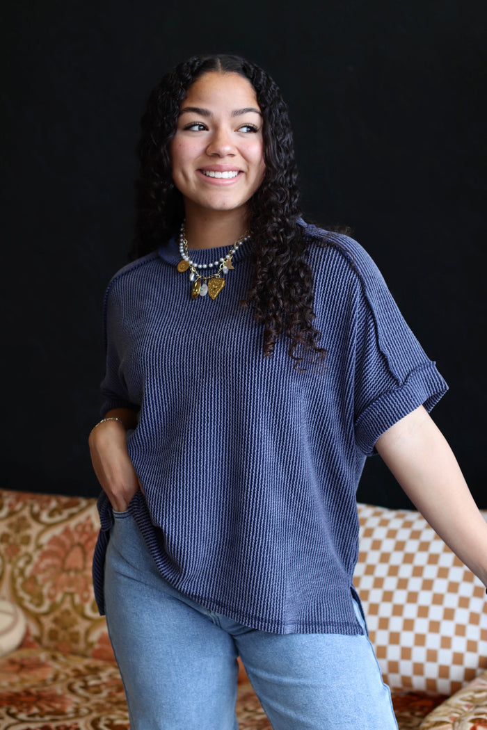 Ribbed Short Sleeve Top in Navy