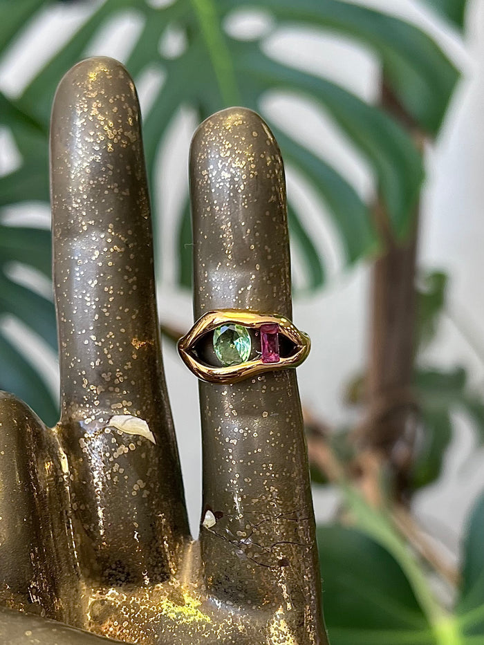 Pink & Green Stone Hollow 18K Gold Plated Ring