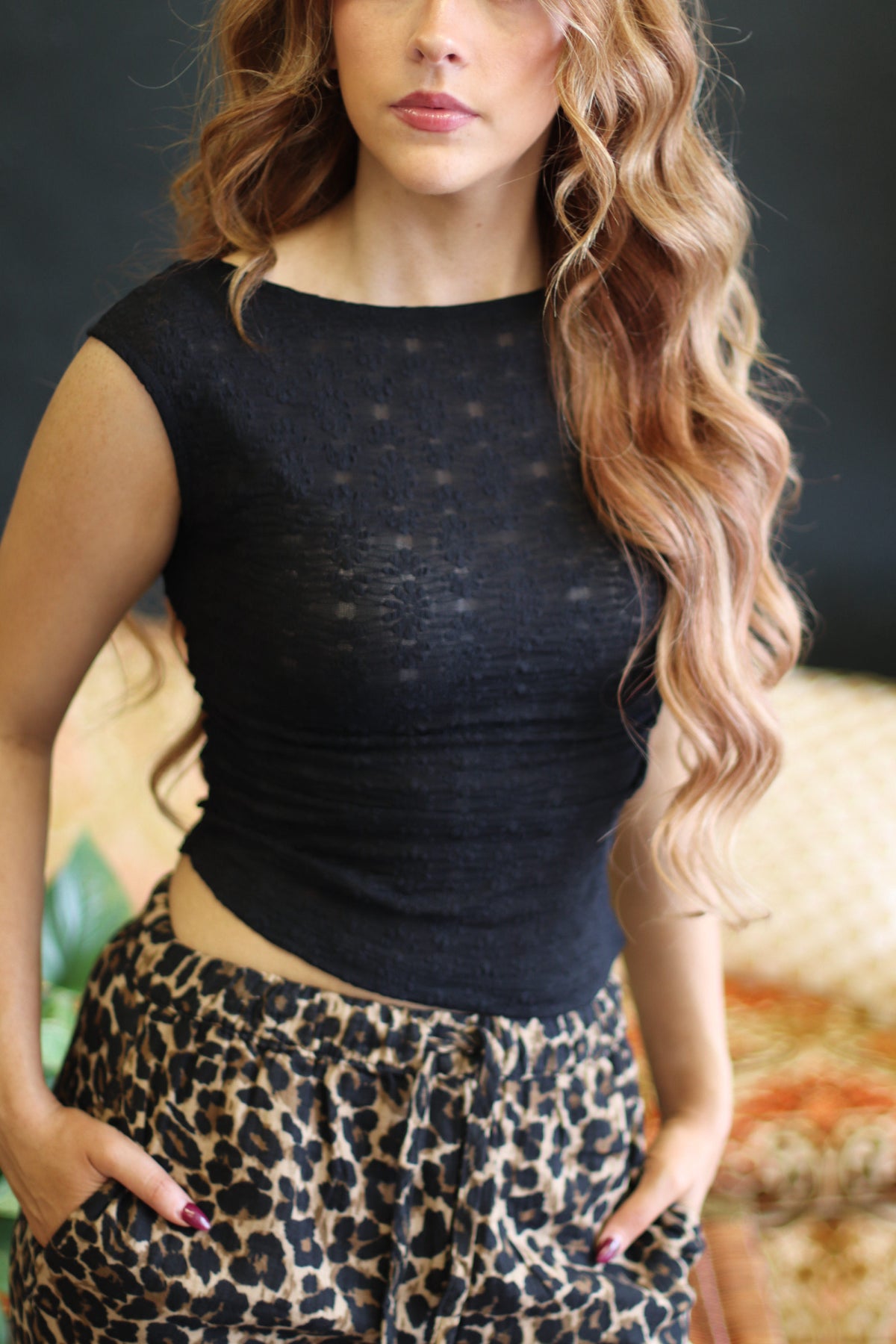 Black Asymmetric Hem Mesh Top
