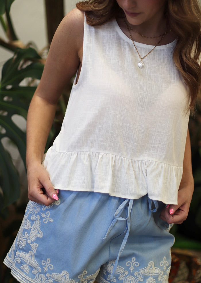 Bella White Ruffle Hem Top