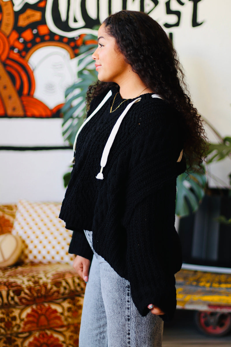 Soft Cable Knit Hooded Sweater + Black