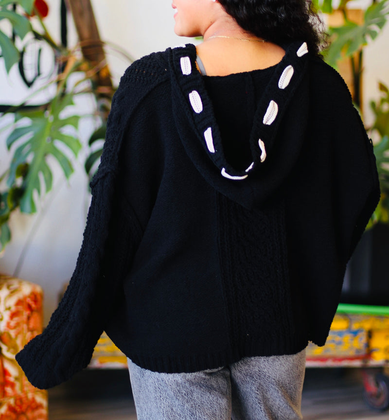 Soft Cable Knit Hooded Sweater + Black