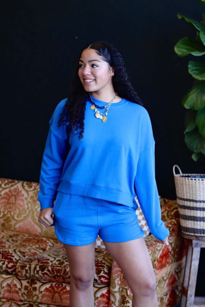 Cozy Sweatshirt & Shorts Set + Blue