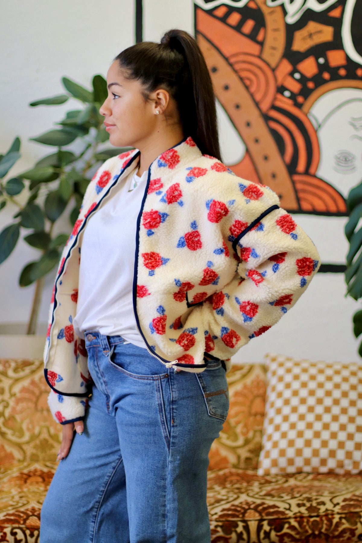 Ivory Floral Fleece Sherpa Jacket