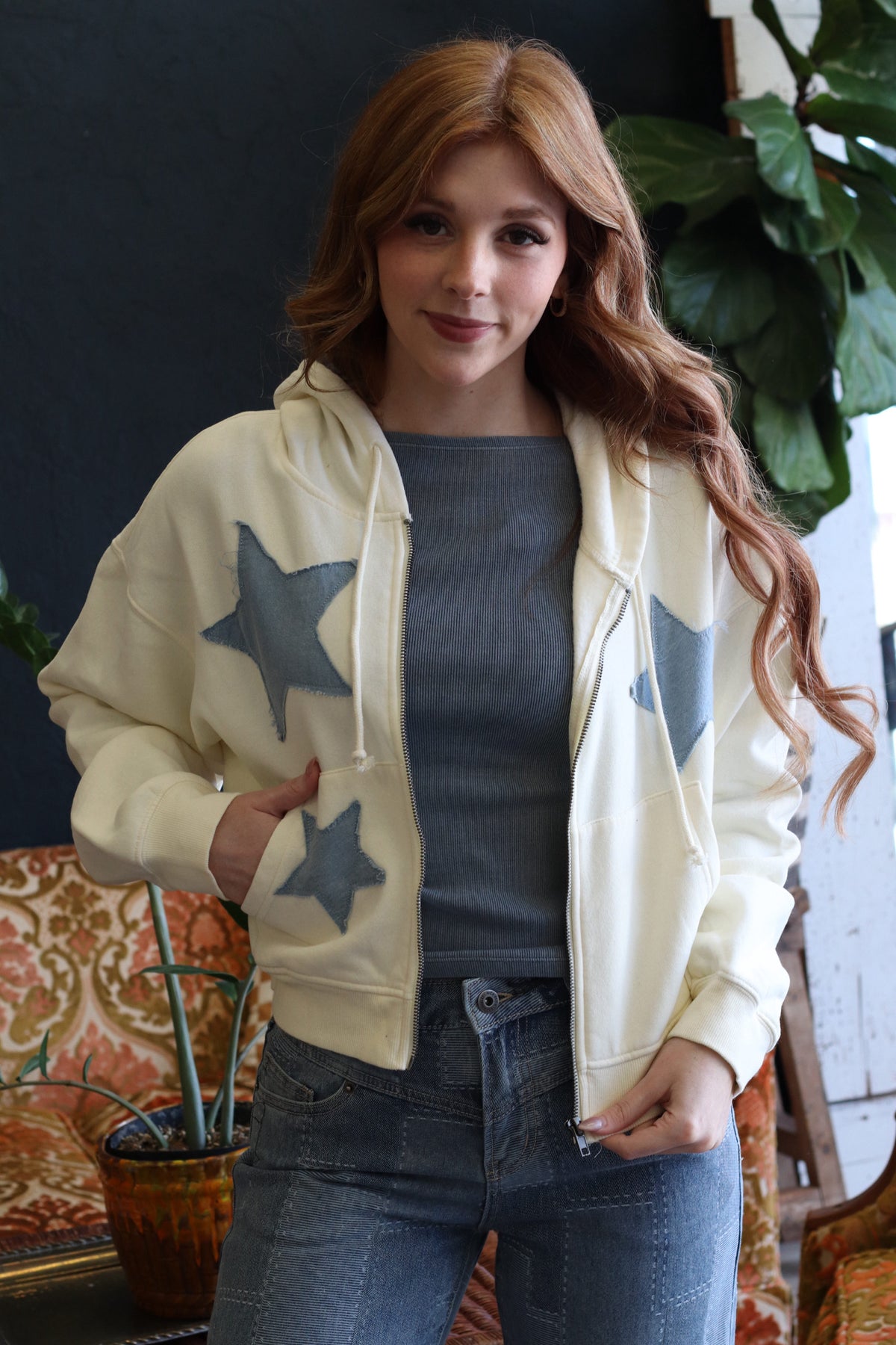 Cream Star Patch Zip-Up Hoodie
