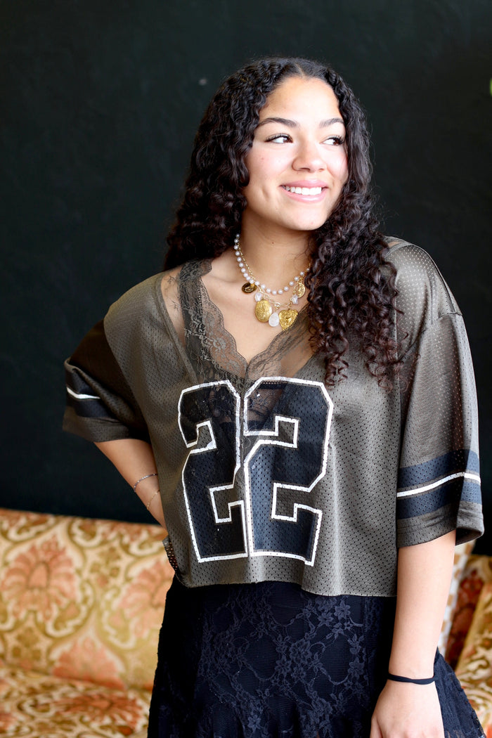 22 Lace Cropped Jersey Top in Green