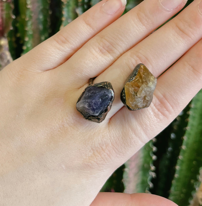 Natural Stone Fluorite Adjustable Ring: Amethyst Citrine