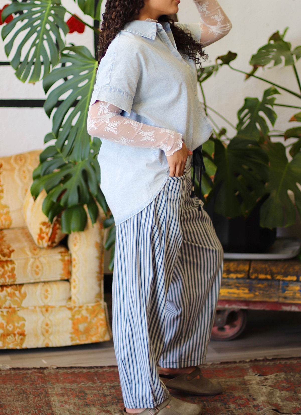 Junie Navy Striped Barrel Denim Pants