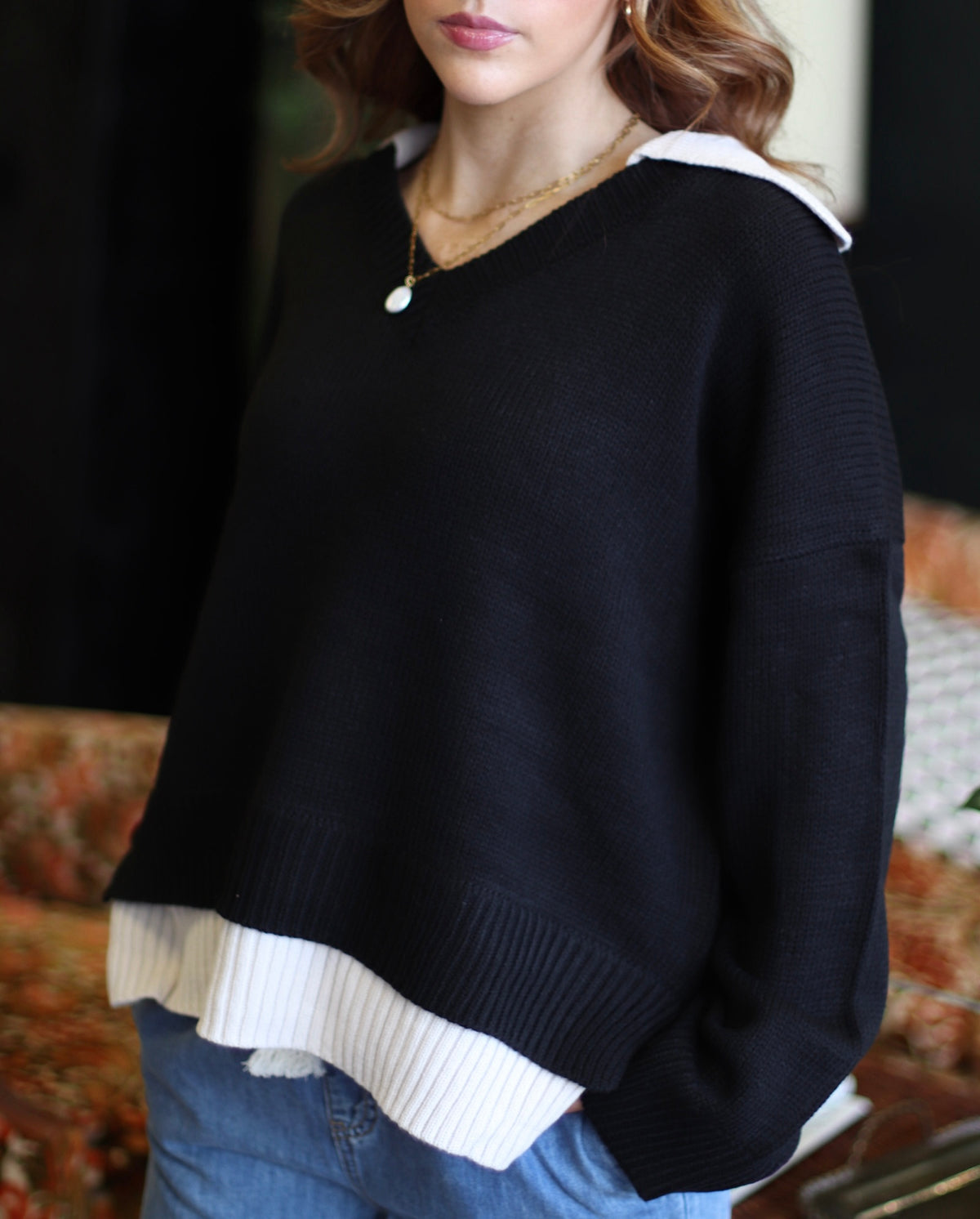 Veronica Collared V-Neck Sweater + Black