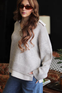 Veronica Collared V-Neck Sweater + Beige/Grey