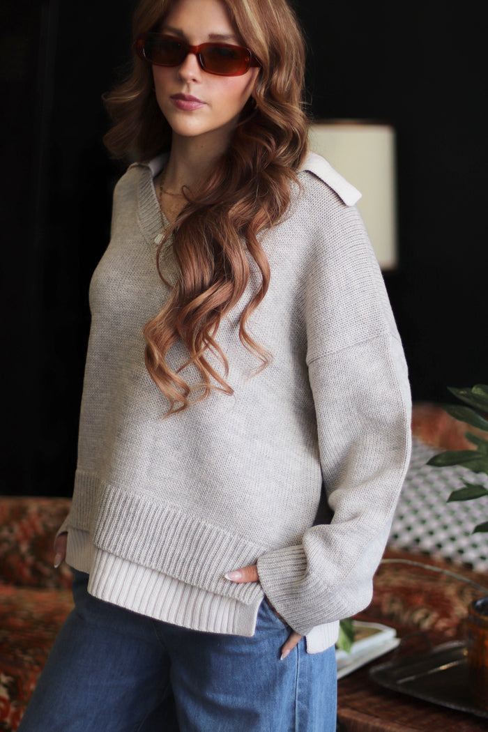 Veronica Collared V-Neck Sweater + Beige/Grey