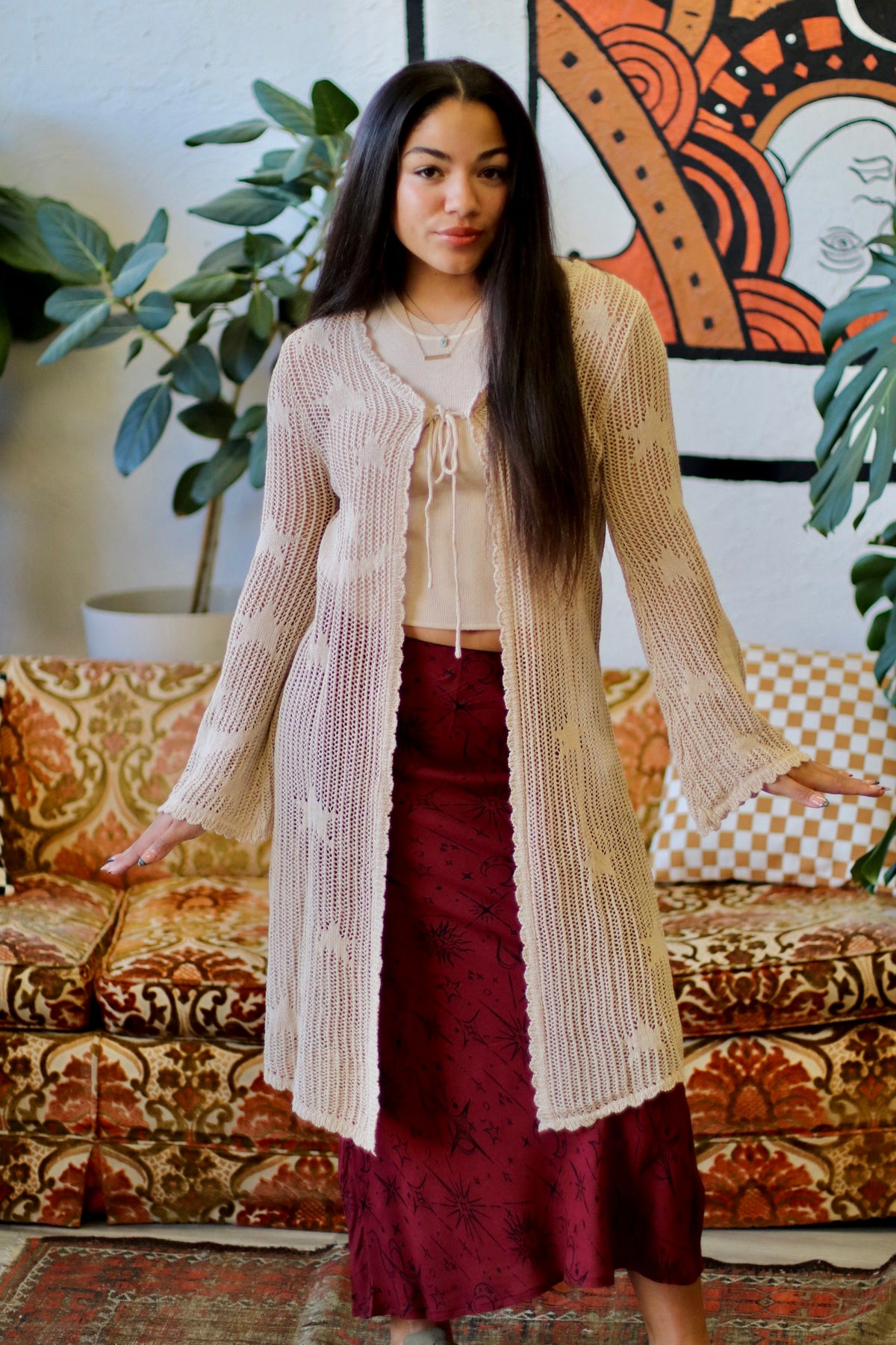 Celestial Lacy Longline Cardigan in Sand