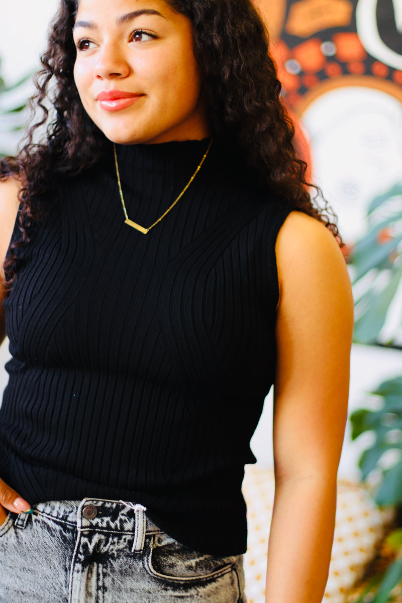 Sleeveless High Neck Ribbed Top + Black
