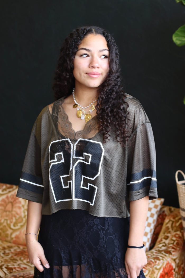 22 Lace Cropped Jersey Top in Green