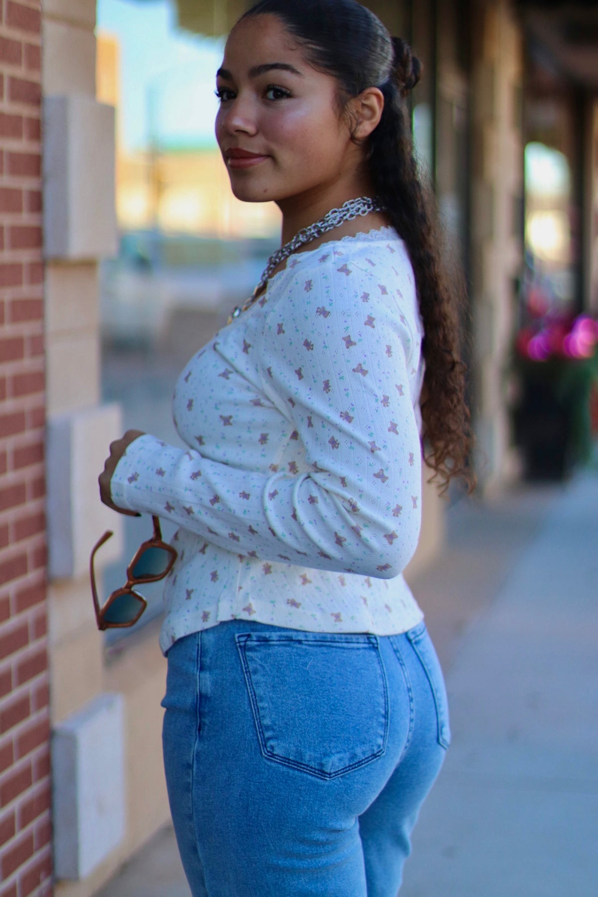 Cream Teddy Print Long Sleeve w/ Lace Detail