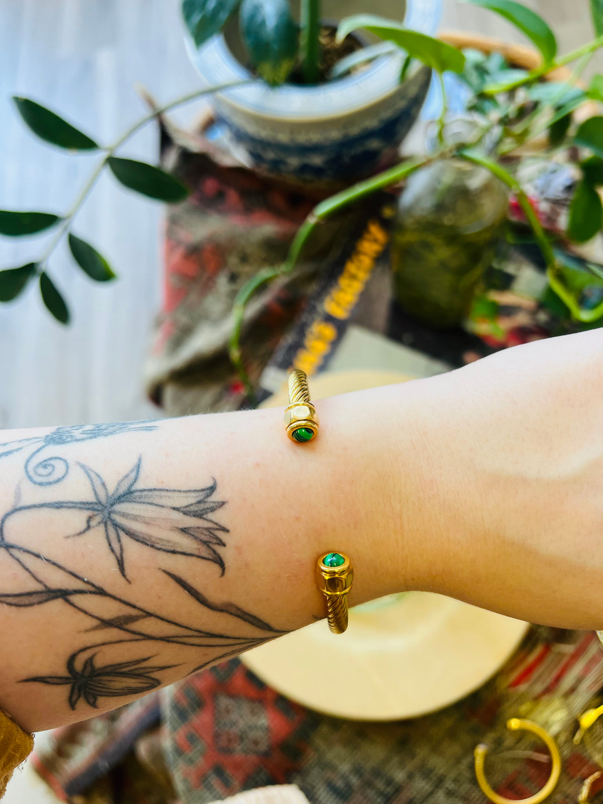 Inlaid Stone 18K GP Spiral Cuff + Malachite
