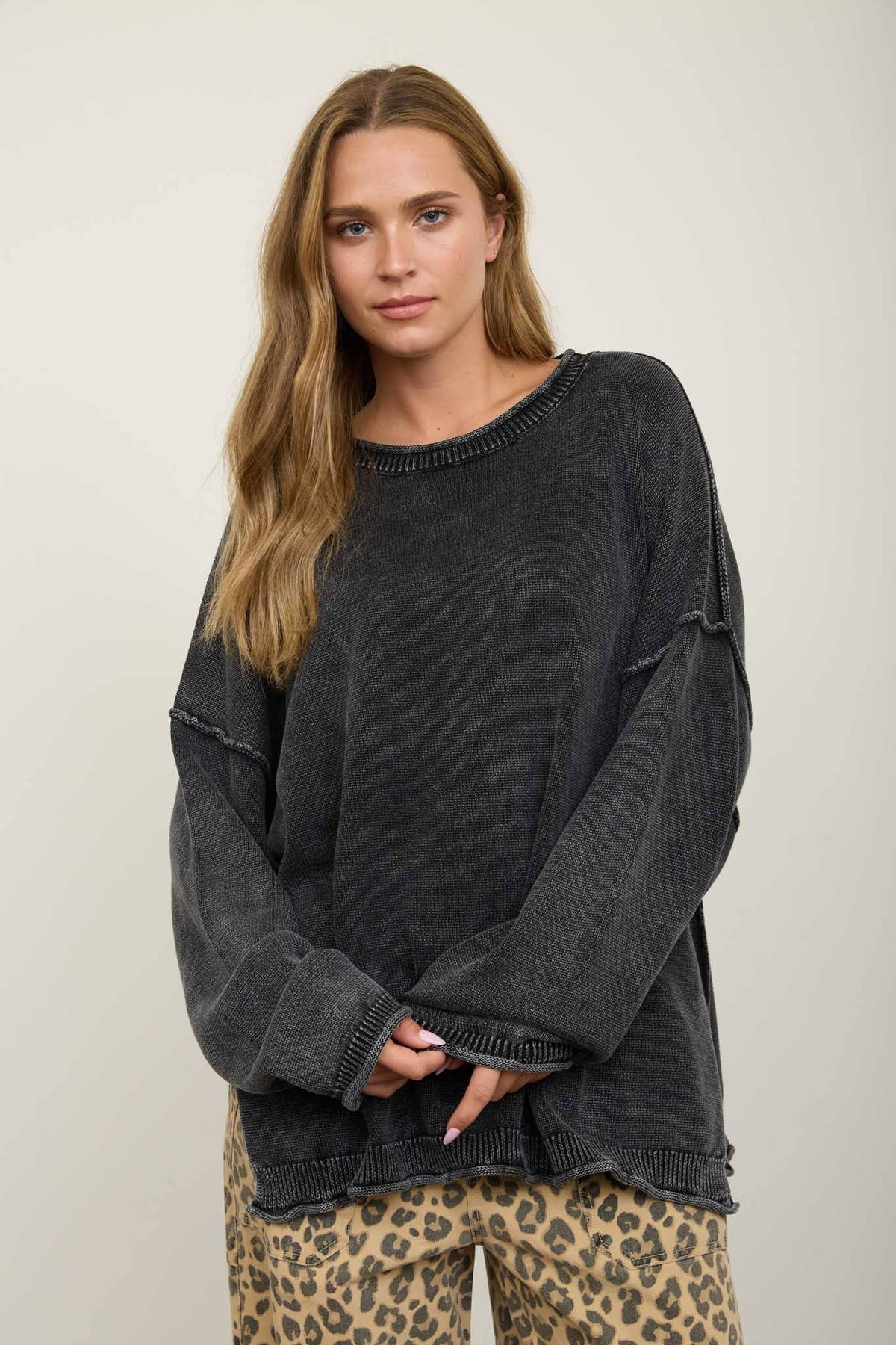 Felicity Oversized Drop Sleeve Raw Edge Crewneck in Charcoal