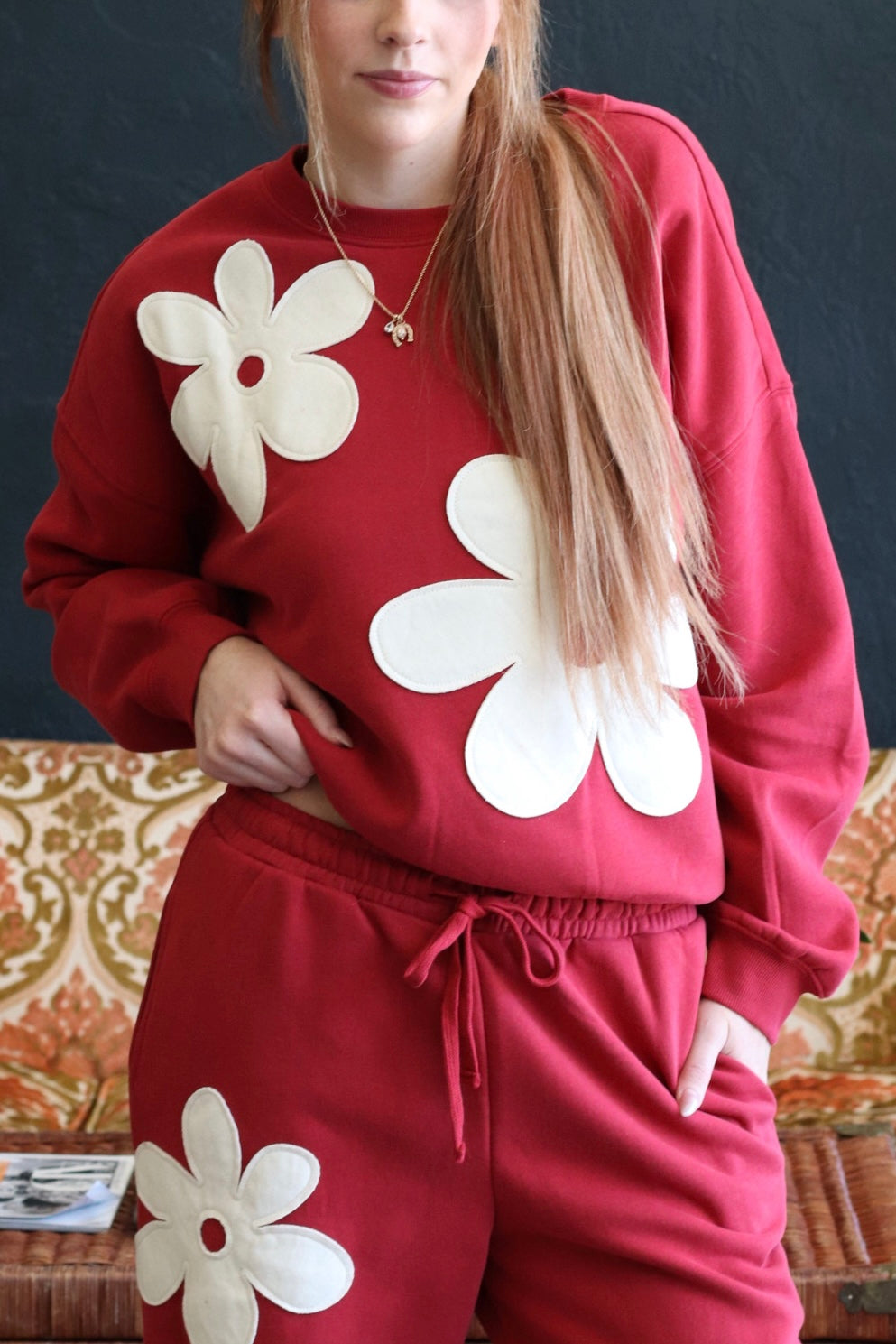 Red Floral Applique Crew Neck