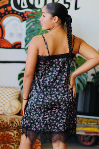 Black Floral Mini Slip Dress w/ Lace Detail