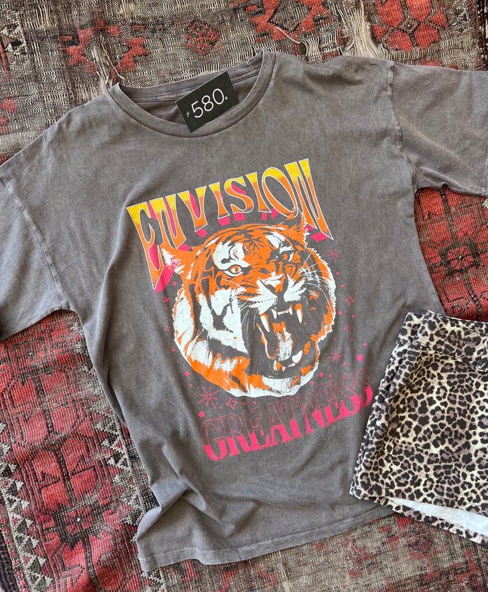 Envision Greatness Tiger Vintage-Wash Oversized Graphic Tee