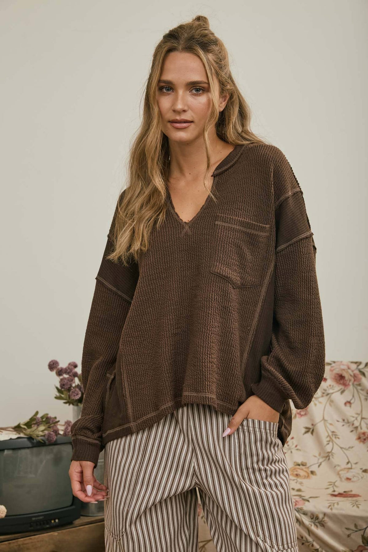 Juliette Brown V neck Long Sleeve