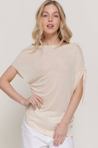 Sand Asymmetric Side Drawstring Knit Top