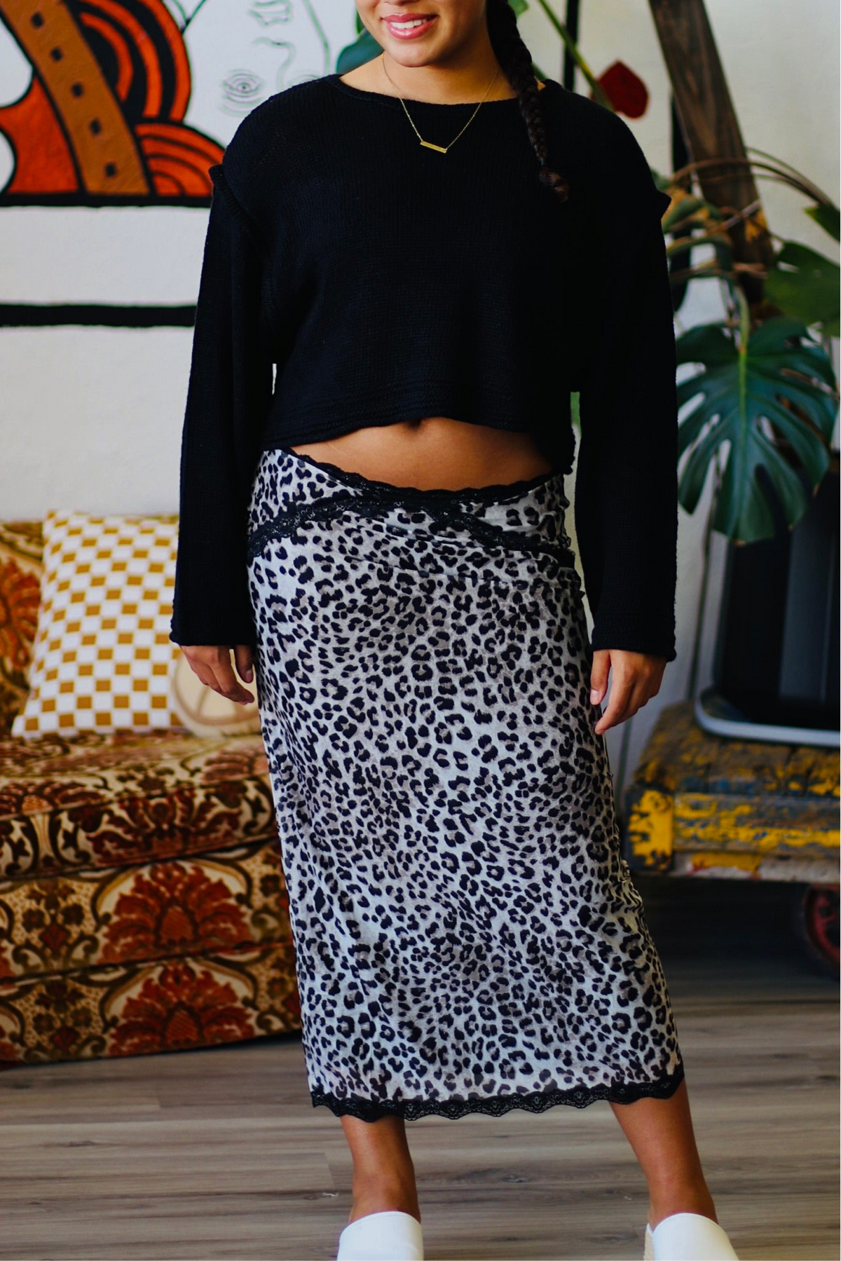 Leopard Pencil Skirt w/ Lace Trim
