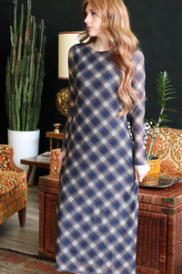 Trinity Navy Plaid Long Sleeve Maxi Dress