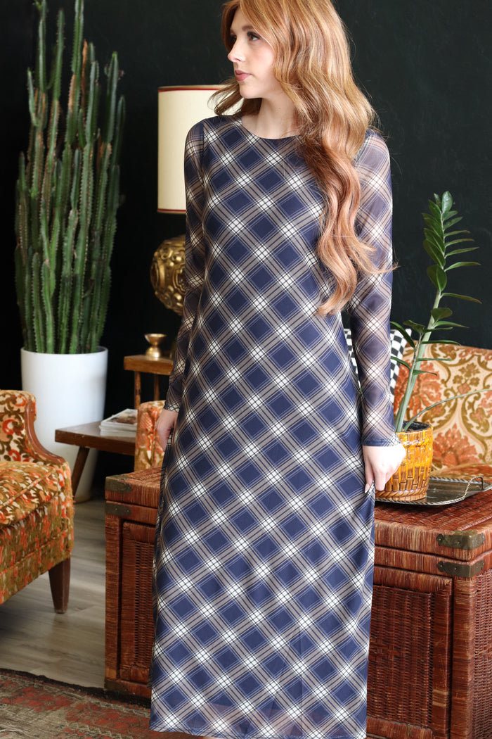 Trinity Navy Plaid Long Sleeve Maxi Dress