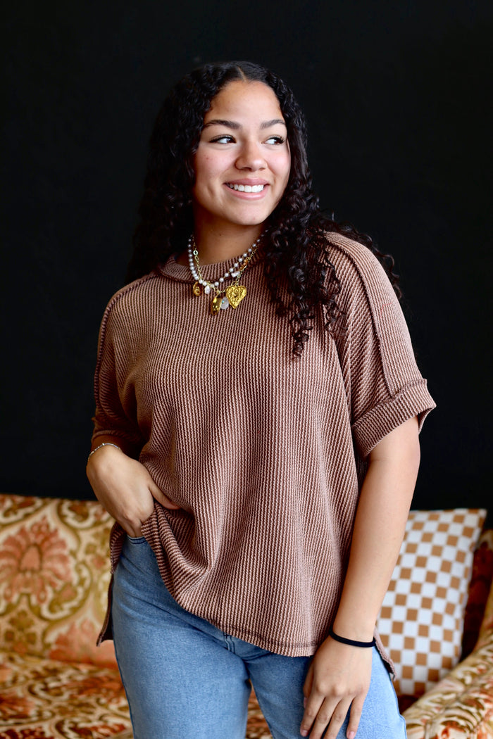 Ribbed Short Sleeve Top in Brown (Plus Sizes Available)