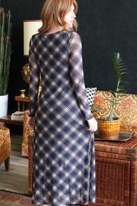 Trinity Navy Plaid Long Sleeve Maxi Dress