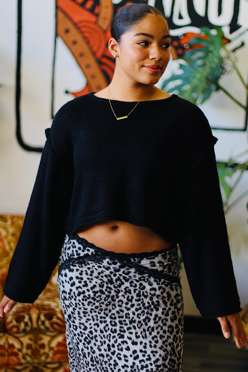Cropped Knit Sweater in Black