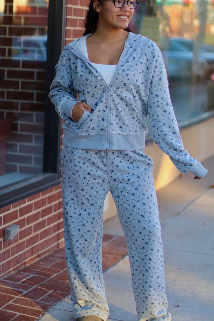 Grey Cozy Floral Zipper Jacket