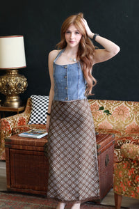 Randi Chocolate & Blue Mix Plaid Midi Skirt