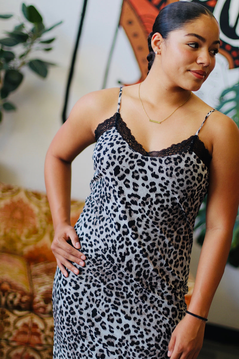 Lace-Trim Leopard Slip Dress in Black