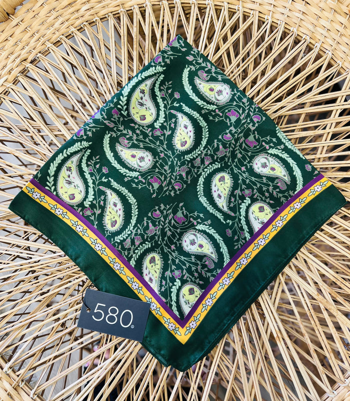 Dark Green Paisley Satin Square Scarf