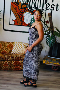 Lace-Trim Leopard Slip Dress in Black