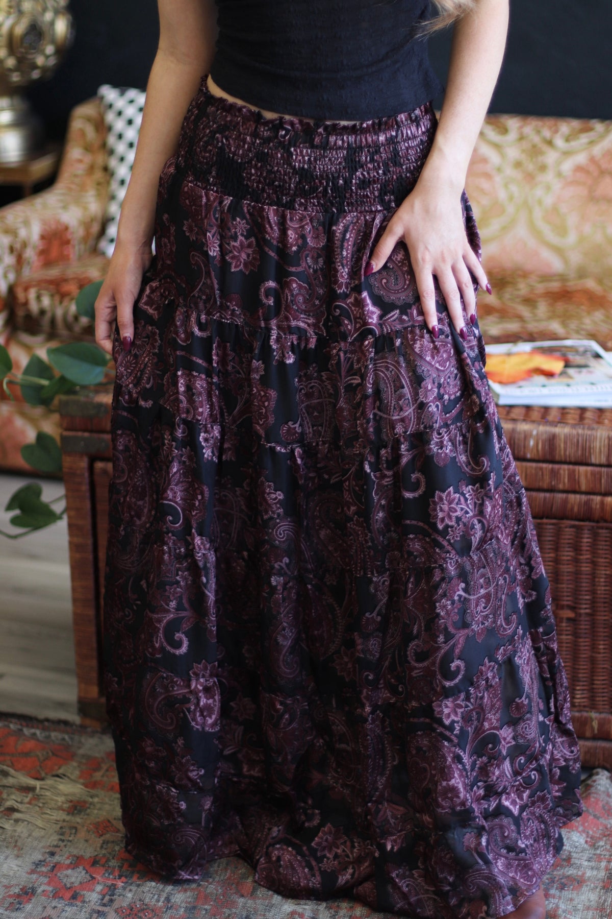 Bethany Black & Wine Paisley Maxi Skirt