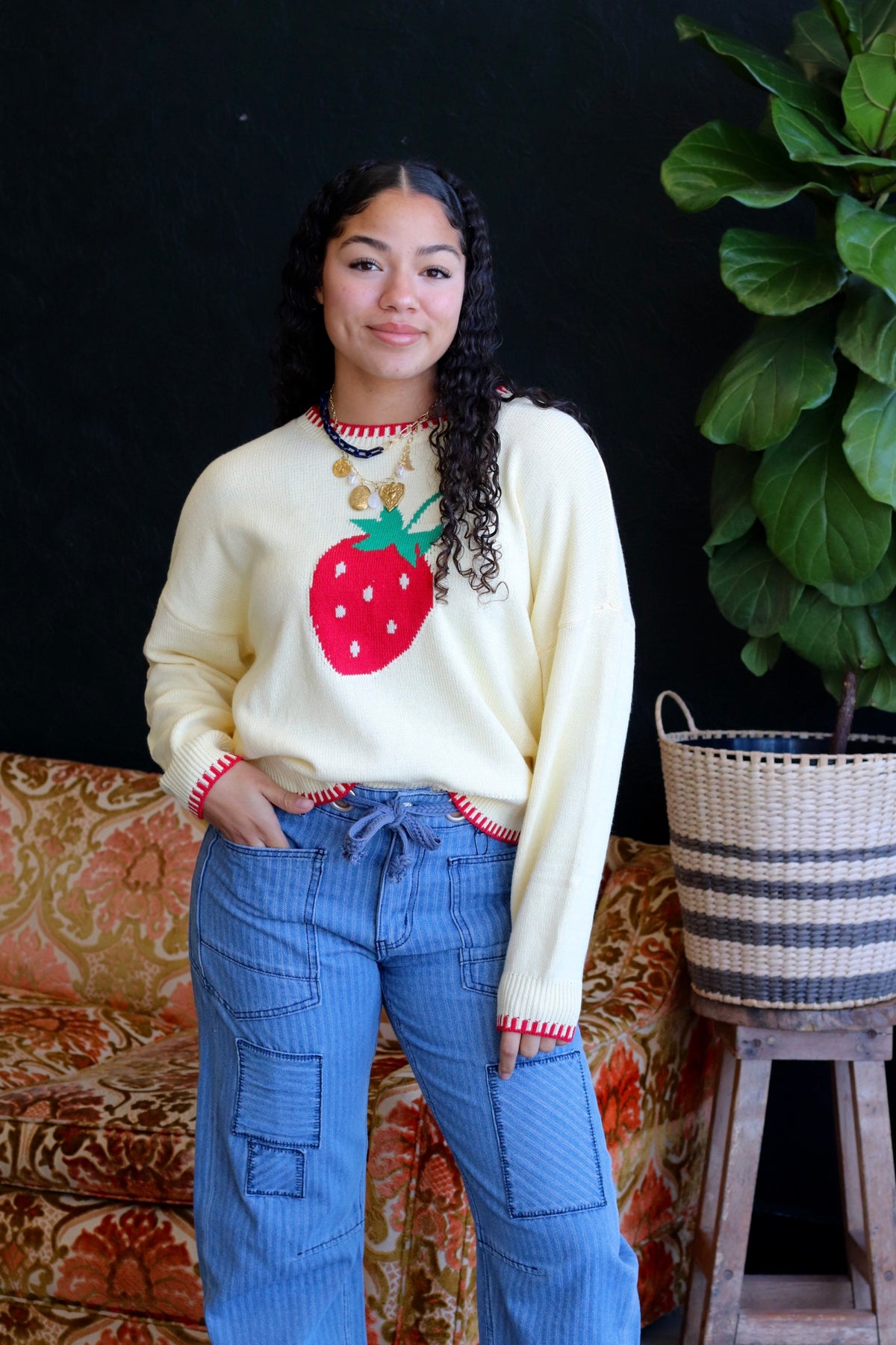 Soft Yellow Strawberry Knit Sweater