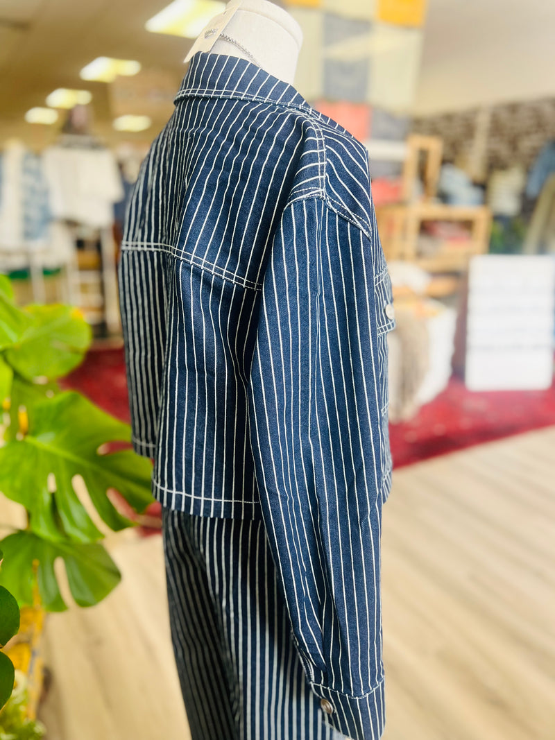 Navy Pinstripe Cropped Denim Jacketu
