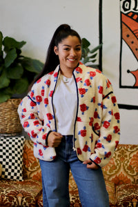 Ivory Floral Fleece Sherpa Jacket